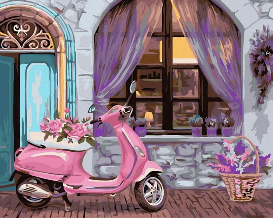 Malowanie po numerach 40x50 Różowy motorower w oknie przytulnej kawiarni Twoje Hobby