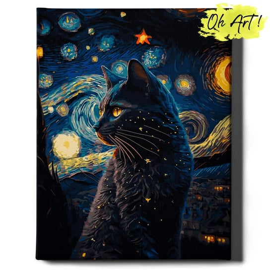 Malowanie Po Numerach 40x50cm Czarny kot i gwiazdy – Kreatywny Obraz do Malowania po numerach Zwierzęta  – Oh Art! Oh Art!