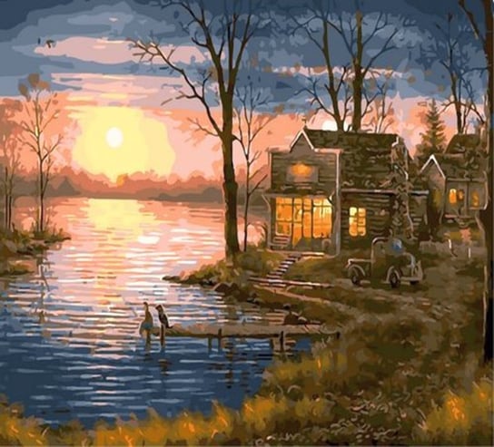Malowanie po numerach 40x50cm Domek nad jeziorem zachód słońca Norimpex