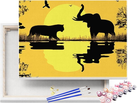 Malowanie po Numerach Afrykański Pejzaż Słoń i Kot / beliart beliart