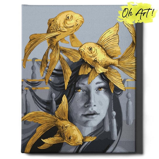 Malowanie Po Numerach ze złotą farbą z Ramą 40x50 cm Dziewczyna z rybkami – Obraz do Malowania po numerach z błyszczącą farbą Ludzie Oh Art! Oh Art!