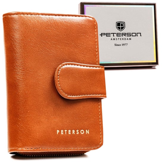 Mały portfel damski na karty i dokumenty z ochroną kart RFID skóra ekologiczna Peterson, brązowy Peterson