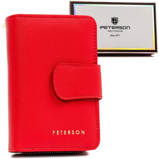 Mały portfel damski na karty i dokumenty z ochroną kart RFID skóra ekologiczna saffiano Peterson, czerwony Peterson