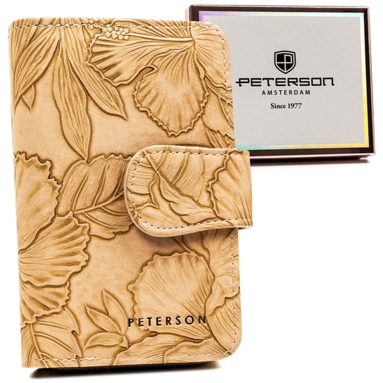 Mały portfel damski na karty i dokumenty z ochroną kart RFID skóra ekologiczna w kwiaty Peterson, beżowy Peterson