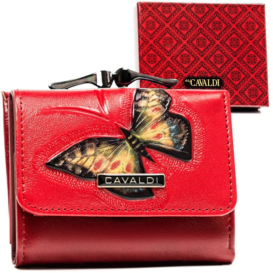 Mały portfel damski portmonetka z motylem skóra ekologiczna i naturalna Cavaldi, czerwony Cavaldi