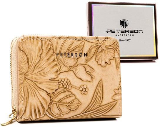 Mały portfel damski portmonetka ze skóry ekologicznej w kwiaty Peterson, beżowy Peterson