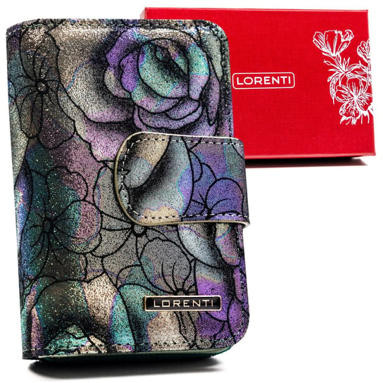 Mały portfel damski w kwiaty ze skóry naturalnej ochrona kart RFID Lorenti, ciemnozielony Lorenti