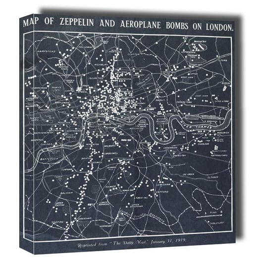 Map of Zeppelin and aeroplane bombs on London, Herbert Green - obraz na płótnie 30x30 cm Galeria Plakatu