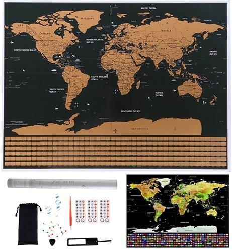 Mapa Świata Zdrapka Prezent dla Podróżnika Złota Plakat + Akcesoria Flagi Artemis