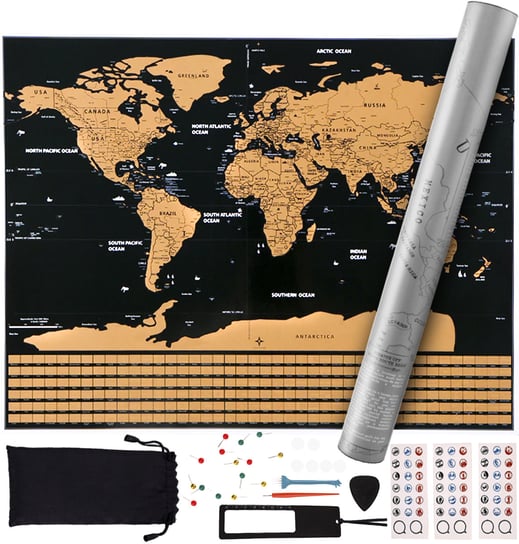 Mapa Świata Zdrapka Prezent dla Podróżnika Złota Plakat + Akcesoria Flagi MALATEC Malatec