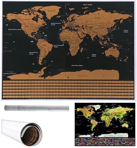 Mapa Świata Zdrapka Prezent dla Podróżnika Złota Plakat + Tuba Flagi Duża Artemis