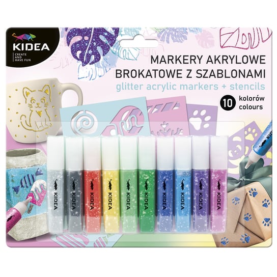 Markery Akrylowe Brokatowe 10 Kolorów  Z Szablonami Kidea KIDEA