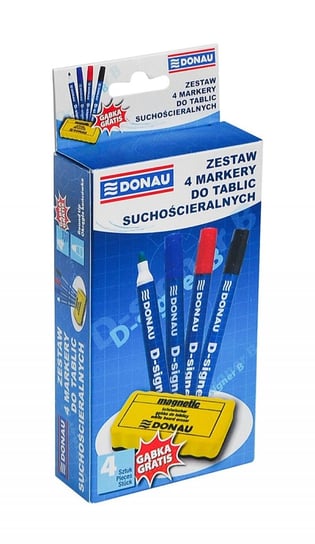 Markery do tablic suchościeralnych + gąbka, 4 kolory Donau