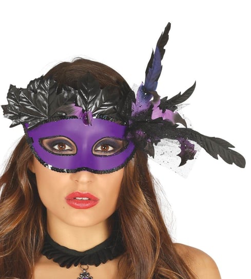 Maska Fioletowo-Czarna Zdobiona Piórami I Liśćmi Dodatek Do Stroju Halloween ABC