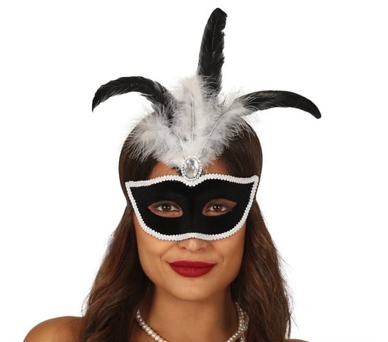 Maska karnawałowa czarna dekorowana białym piórem Inna marka