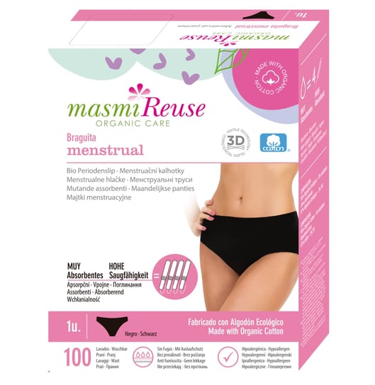 Masmi, Majtki Menstruacyjne Rozmiar L (102- 110cm), 100% Certyfikowanej Bawełny Organicznej Masmi