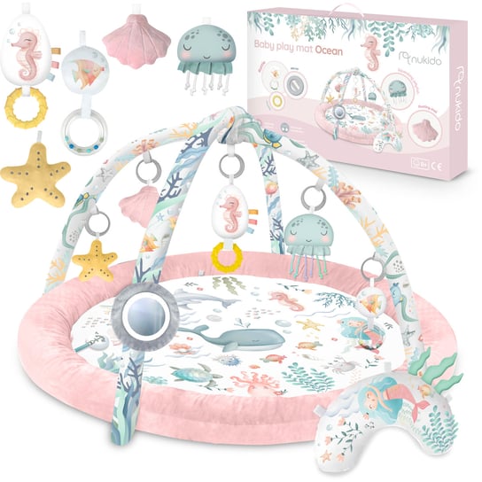 Mata edukacyjna interaktywna Ocean różowa dla dzieci niemowląt, kokon kojec gniazdo z pałąkiem i zabawkami Nukido Nukido