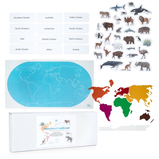 Mata edukacyjna Montessori mapa, kafelki zwierzęta świata, kontynenty z filcu, PL EN / MatyMontessori Montessori