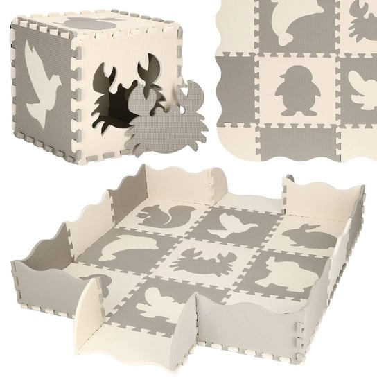 Mata piankowa 120x120 cm zwierzątka puzzle dla dzieci pianka EVA szaro-beżowa Springos