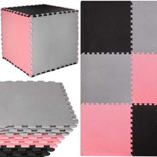 Mata piankowa kwadraty 179x179 cm szare, czarne, różowe puzzle pianka EVA Springos
