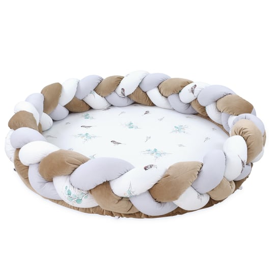 Mata podłogowa dla dzieci z ozdobną poduszką - Mata do zabawy jako przytulny materac lub okrągły składany kocyk do raczkowania 100 cm Wróble Totsy Baby