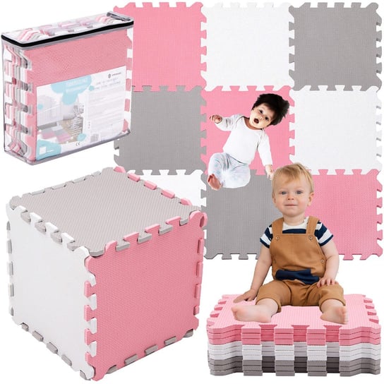 Mata składana puzzle piankowe dla dzieci 95,5x95,5 cm pianka EVA szaro-biało-różowa Springos