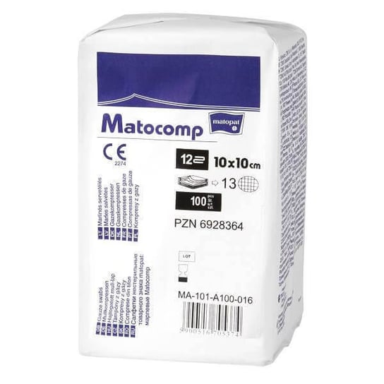 Matocomp, kompresy niejałowe, 10 cm x 10 cm, 13-nitkowe, 100 sztuk TZMO