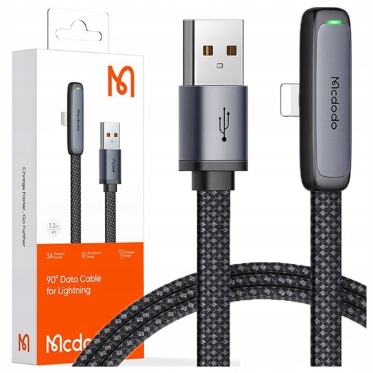 MCDODO KABEL KĄTOWY USB LIGHTNING PŁASKI 36W DO IPHONE 12 13 14 CZARNY 2M Mcdodo