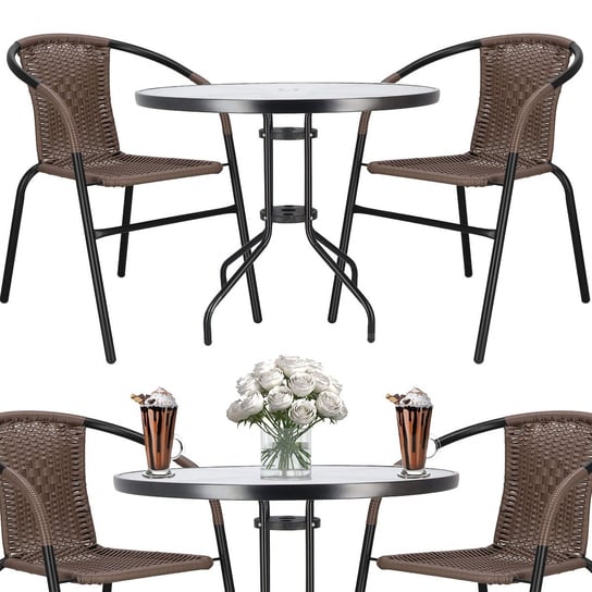 Meble na balkon: stolik kawowy, 2 krzesła metalowe do ogrodu czarno-brązowe Springos
