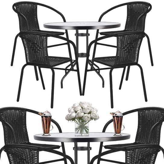 Meble na balkon: stolik kawowy, 4 krzesła metalowe do ogrodu czarne Springos