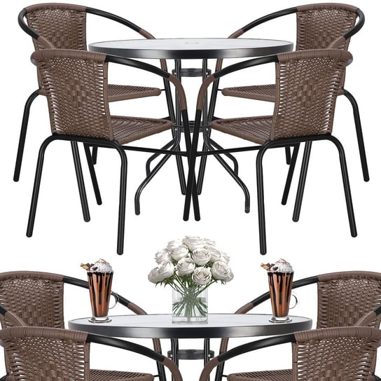 Meble na balkon: stolik kawowy, 4 krzesła metalowe do ogrodu czarno-brązowe Springos