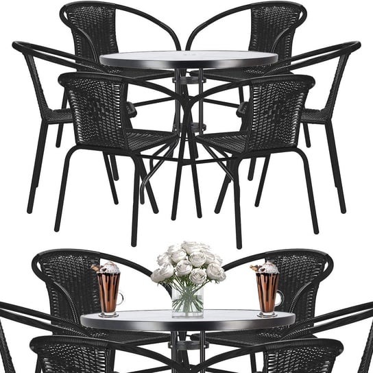 Meble na balkon: stolik kawowy, 6 krzeseł metalowych do ogrodu czarne Springos