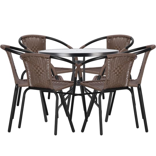 Meble na balkon: stolik kawowy, 6 krzeseł metalowych do ogrodu czarno-brązowe Springos