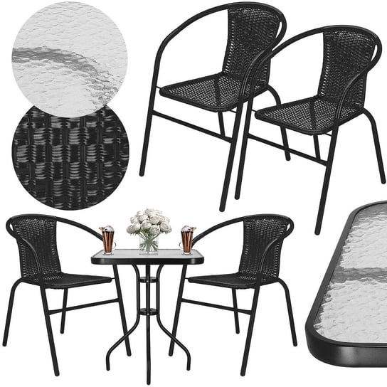 Meble na balkon: stolik kawowy z kwadratowym blatem z szkła hartowanego, 2 krzesła metalowe do ogrodu czarne Springos
