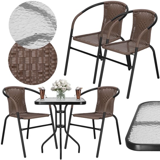 Meble na balkon: stolik kawowy z kwadratowym blatem z szkła hartowanego, 2 krzesła metalowe do ogrodu czarno-brązowy Springos