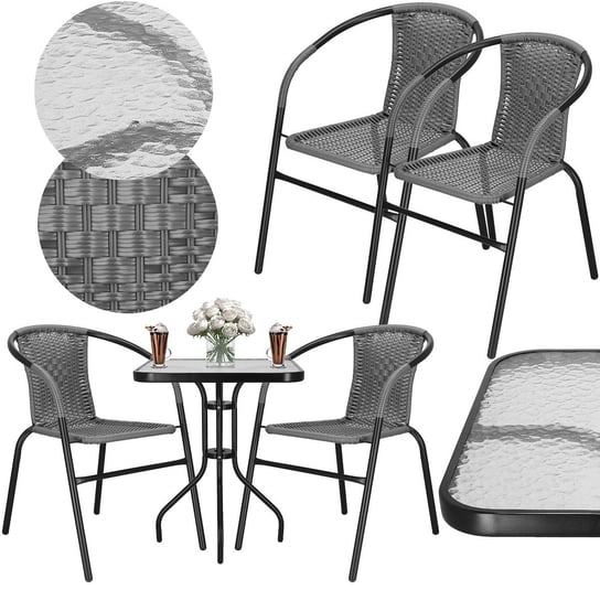 Meble na balkon: stolik kawowy z kwadratowym blatem z szkła hartowanego, 2 krzesła metalowe do ogrodu czarno-szary Springos