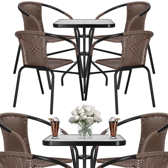 Meble na balkon: stolik kawowy z kwadratowym blatem z szkła hartowanego, 4 krzesła metalowe do ogrodu czarno-brązowy Springos