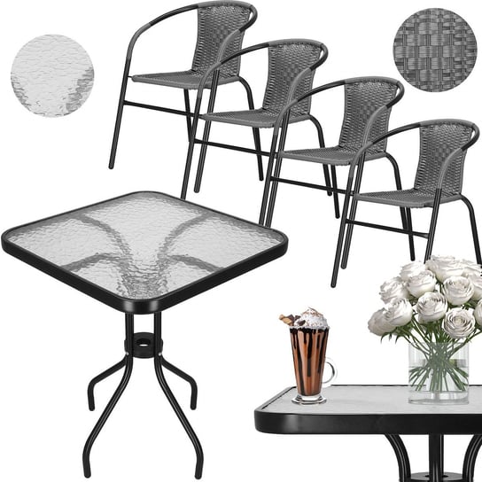 Meble na balkon: stolik kawowy z kwadratowym blatem z szkła hartowanego, 4 krzesła metalowe do ogrodu czarno-szary Springos
