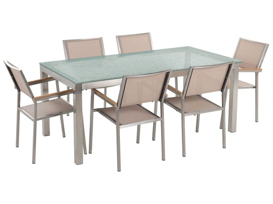 Meble ogrodowe BELIANI Grosseto, stół szklany, 180 cm, beżowe krzesła, 7 elementów Beliani