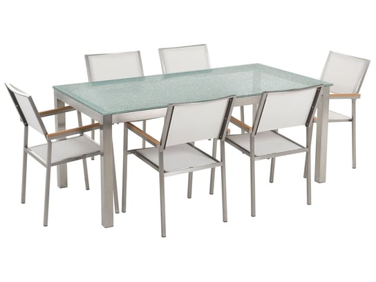 Meble ogrodowe BELIANI Grosseto, stół szklany, 180 cm, białe krzesła, 7 elementów Beliani