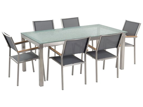 Meble ogrodowe BELIANI Grosseto, stół szklany, 180 cm, szare krzesła, 7 elementów Beliani