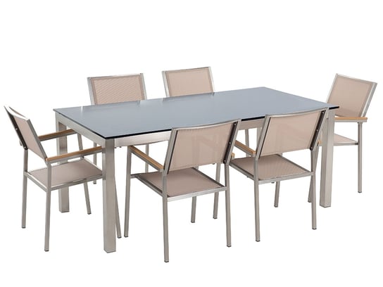 Meble ogrodowe BELIANI Grosseto, stół szklany czarny, 180 cm, beżowe krzesła, 7 elementów Beliani