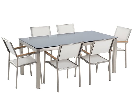 Meble ogrodowe BELIANI Grosseto, stół szklany czarny, 180 cm, białe krzesła, 7 elementów Beliani
