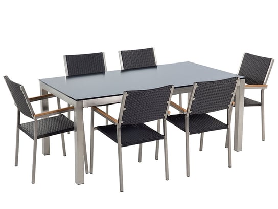 Meble ogrodowe BELIANI Grosseto, stół szklany czarny, 180 cm, czarne krzesła, 7 elementów Beliani