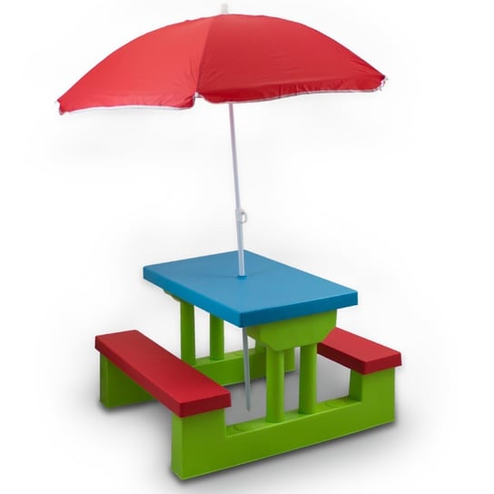 Meble ogrodowe dla dziecka Łakwa ze stolikiem i parasolką kolorowy zestaw Bituxx