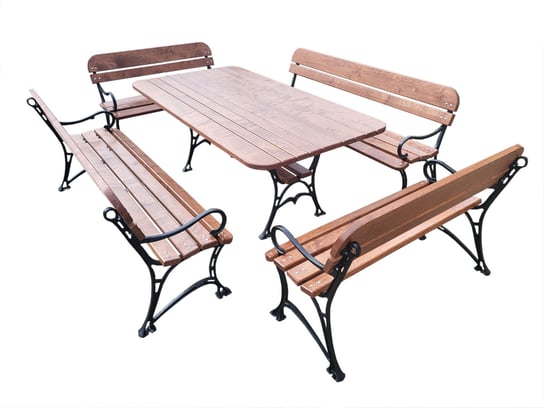 Meble ogrodowe drewniane stół 4 ławki drewno żeliwo Inna marka