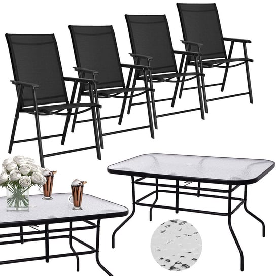 Meble ogrodowe, komplet na balkon dla 4 osób: metalowe 4 krzesła i stół z szkła hartowanego, czarny Springos
