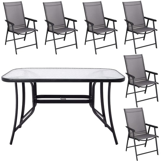 Meble ogrodowe, komplet na balkon dla 6 osób: metalowe 6 krzeseł i stół z szkła hartowanego czarno-szary Springos