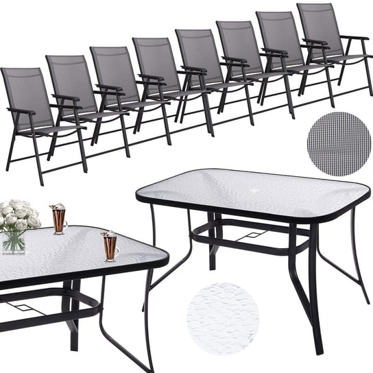 Meble ogrodowe, komplet na balkon dla 8 osób: metalowe 8 krzeseł i stół z szkła hartowanego czarno-szary Springos