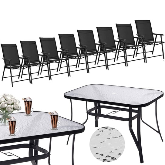 Meble ogrodowe, komplet na balkon dla 8 osób: metalowe 8 krzeseł i stół z szkła hartowanego czarny Springos